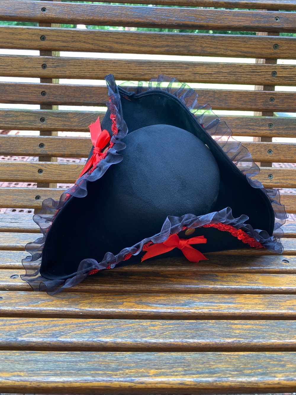 Tricorn snap brim pirate hat costume cap black felt red ribbon and bows - Picture 2 of 9